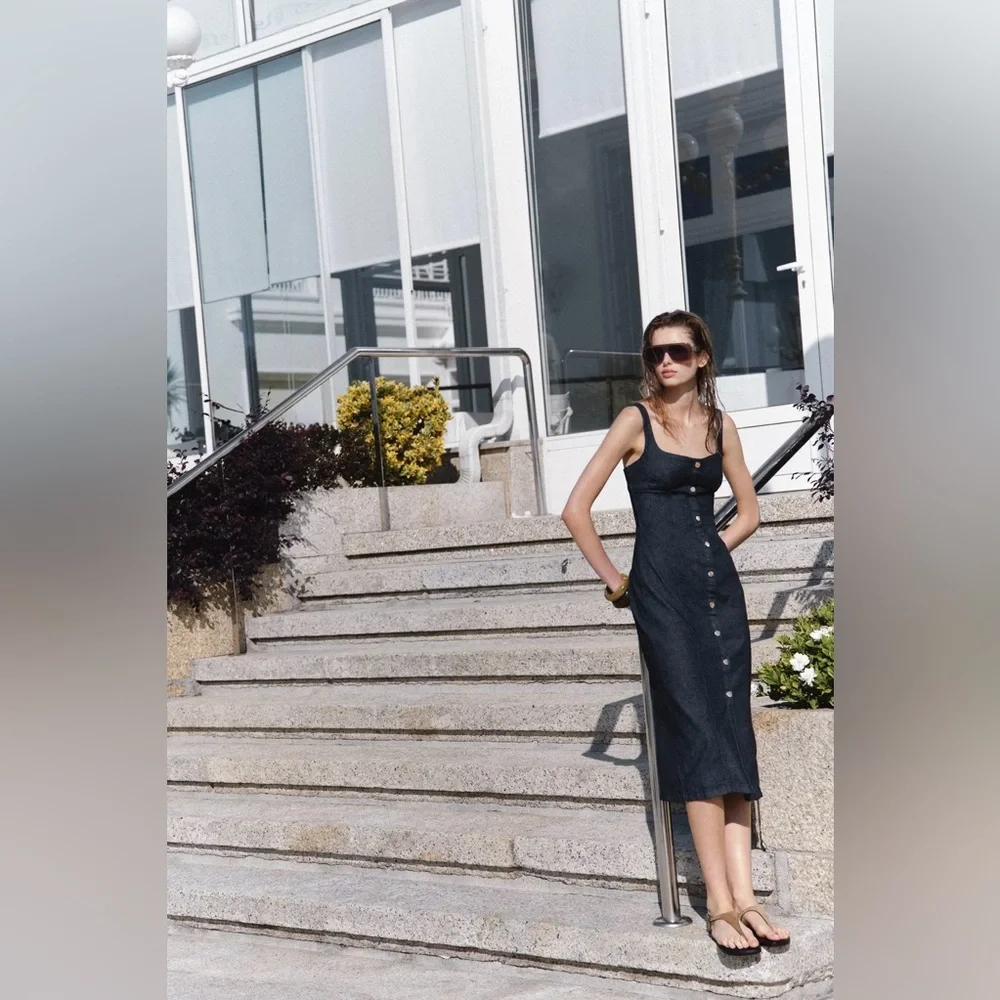 Zara Black Denim Midi Dress - Picture 2 of 9